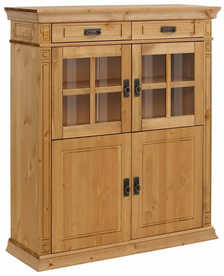 OTTO home Highboard Vinales, 2 Schubladen, 4 Türen, 3 Einlegeböden, Griffe im Jugendstil (B/T/H:112/39/130 cm), Vitrine, Messinggriffe im Jugendstil, Kiefer, FSC®, Beige, – Produktbild 4 von 5