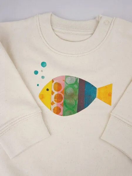 MelaDi Meladi Kinder Baby - Sweater aus Biobaumwolle - Fisch auf Natural Raw, Weiß, – Produktbild 7 von 7