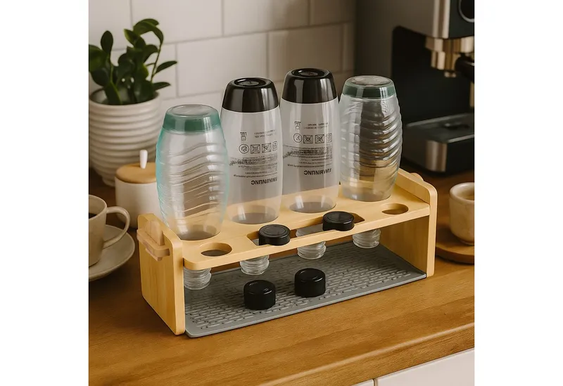 RELAXDAYS RELAXDAYS Geschirrständer 4er Flaschenhalter aus Bambus, Zubehör für Flaschen für Wassersprudler, Braun|grau, – Produktbild 3 von 5