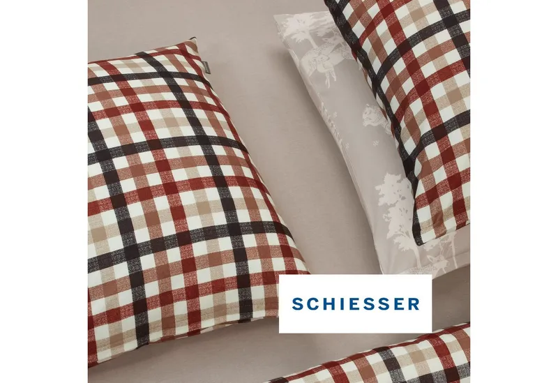 Schiesser Schiesser Bettwäsche James aus weichem Baumwoll-Feinbiber mit traditionellen Karos, Feinbiber, 2 teilig, OEKO-TEX® MADE IN GREEN, Blau|braun, – Produktbild 4 von 5