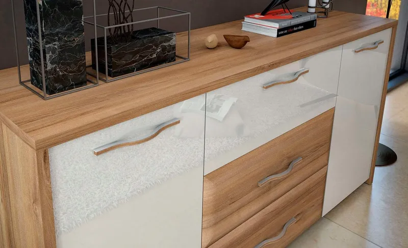 OTTO home Kommode Gala, melaminbeschichtet und beige hochglänzend UV lackiert (Soft-Close Funktion, Maße: B/T/H 170/46/83cm), 2trg., mit 4 Schubladen, klassische Rahmenoptik, FSC-zertifiziert, Beige, – Produktbild 4 von 5