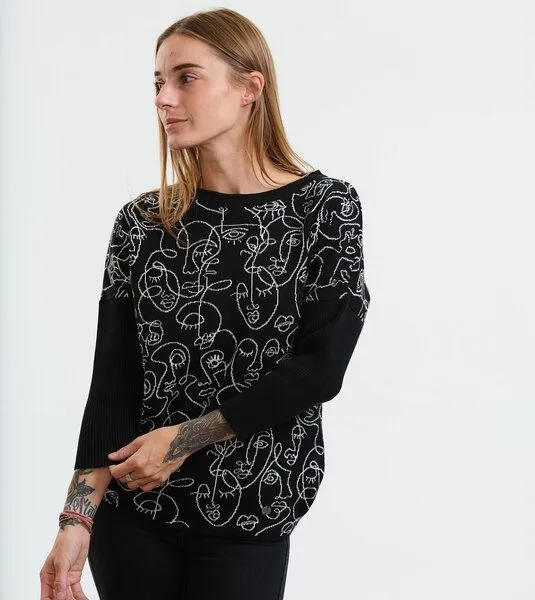 Gary Mash GARY MASH Leichter Strickpulli Lynn aus Biobaumwolle, Faces (schwarz), – Produktbild 3 von 4