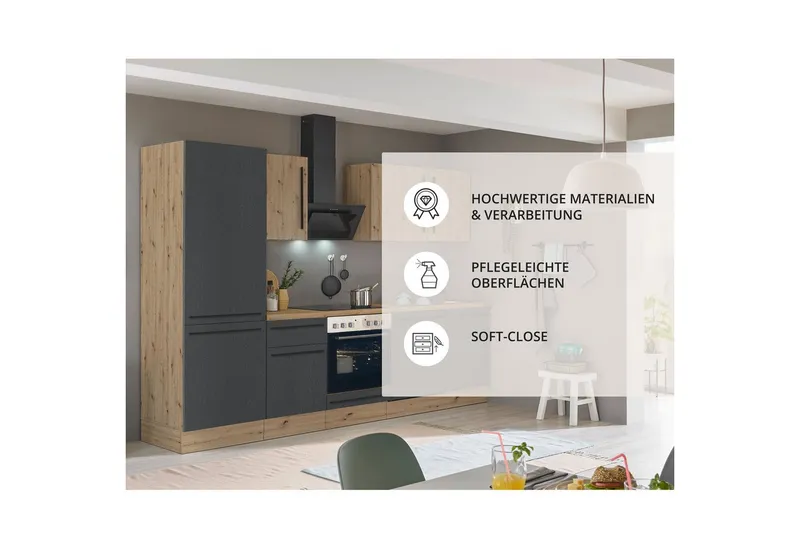 KOCHSTATION Küchenzeile KS-Florida mit 38mm starker Arbeitsplatte, Breite 280 cm, wahlweise mit E-Geräten, Soft-Close-Funktion, Schwarz, – Produktbild 6 von 8