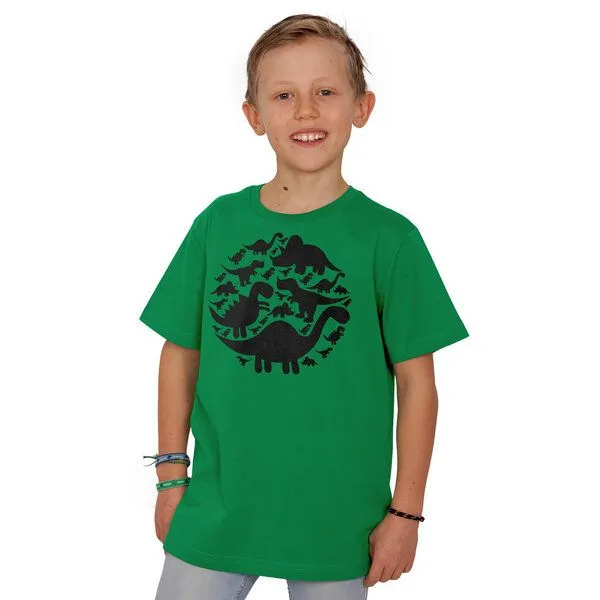 HANDGEDRUCKT HANDGEDRUCKT "Dinos" Unisex Kinder T-Shirt, Kellygreen, – Produktbild 1 von 3