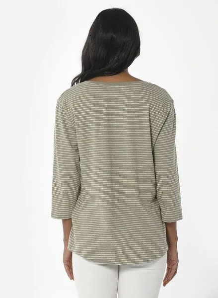 ORGANICATION ORGANICATION Gestreiftes 3/4-Arm Shirt aus Bio-Baumwolle und Leinen, Grün(olive), – Produktbild 4 von 4
