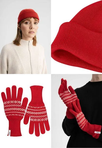 MELA MELA Bundle Feinstrick Mütze kurz LESH + Strick Handschuhe RISHI, Granatapfel gemustert, – Produktbild 1 von 5