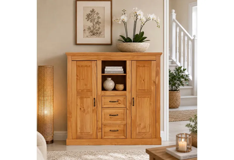 OTTO home Highboard Selma Kommode mit 2 Türen, 3 Schubläden und 8 Fächer, Metallgriffe, massives Kiefernholz, natürliche Maserung & Metallgriffe, 130cm breit, Beige, – Produktbild 3 von 5