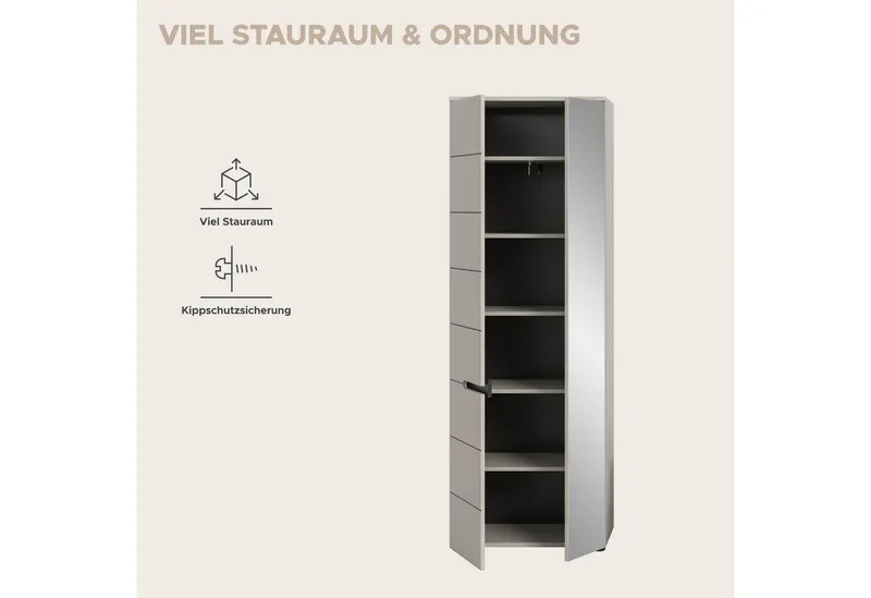 Home affaire Garderobenschrank REHAT, TOPSELLER!, Höhe 190cm, 2 Türen, 6 Fächer, 1 Kleiderstange (1-St., in verschiedenen Farben erhältlich) Garderobe, Flurschrank, Dielenschrank, Kleiderschrank, Garderobenmöbel, Beige, – Produktbild 5 von 5