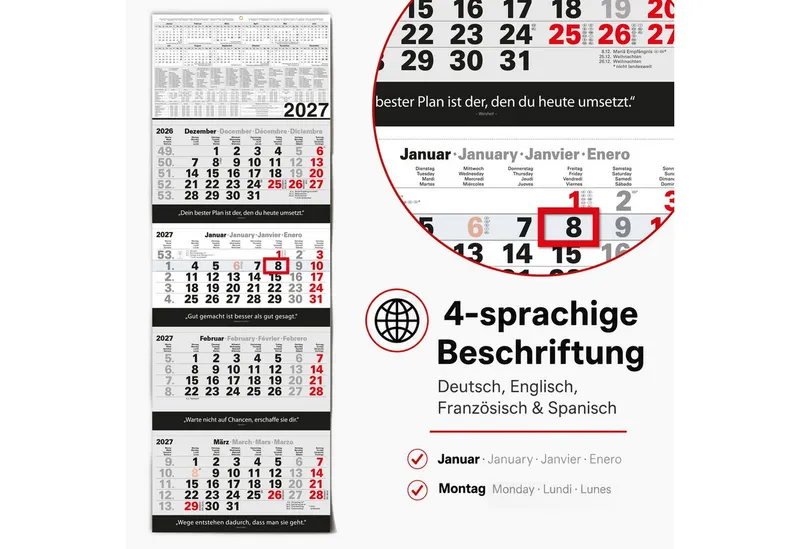 TOBJA Wandkalender 4 Monatskalender 2027 Block 33x96 Zitate Metallöse FSC DE/EN/FR/ES, Block-Format, Zitate Franklin/Kafka, 33x96 cm, Metallöse, 4-sprachig, Schwarz, – Produktbild 5 von 5