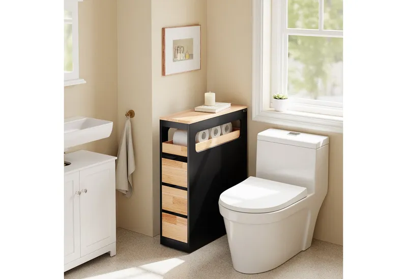SoBuy Beistellwagen BZR54, Badezimmerschrank mit Rollen, Badschrank schmal, Kommode, Küchenwagen schmal Nischenwagen Badezimmerregal mit Rädern, ausziehbar, Schwarz, – Produktbild 2 von 5