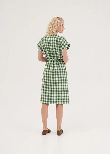 AmourLinen AmourLinen Wickelkleid aus Leinen OLIVIA, Grünes gingham, – Produktbild 2 von 4