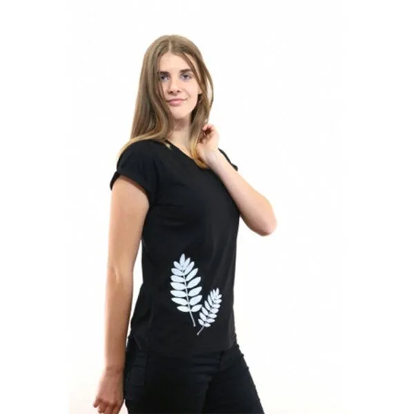 Spangeltangel Spangeltangel Damenshirt "Vogelbeerblätter", T-Shirt, gedrucktes florales Motiv, für Frauen, Schwarz, – Produktbild 4 von 4