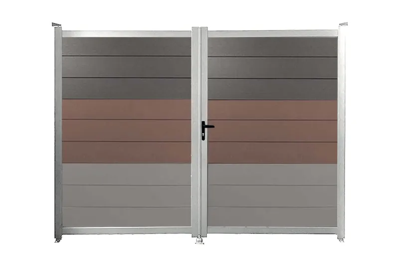 woodstore24 woodstore24 Gartentor zur individuellen Befüllung, 2-flügelig, Rahmen silber eloxiert Gesamtmaß: 1,85 m (H) x 3,0 m (B) -Füllung 18 Lamellen braun – Produktbild 1 von 1
