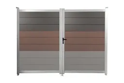 woodstore24 woodstore24 Gartentor zur individuellen Befüllung, 2-flügelig, Rahmen silber eloxiert Gesamtmaß: 1,85 m (H) x 3,0 m (B) -Füllung 18 Lamellen braun – Produktbild 1 von 1