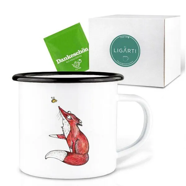 LIGARTI Emaille Tasse – Wegweiser (Fuchs & Biene) – LIGARTI Tiermanufaktur – Produktbild 3 von 4