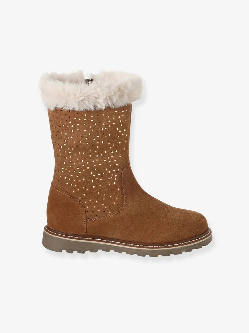 Vertbaudet Vertbaudet Leder-Stiefel mit Fellbesatz und Reißverschluss Glitzer-Tupfen Mädchen, Braun, – Produktbild 2 von 4