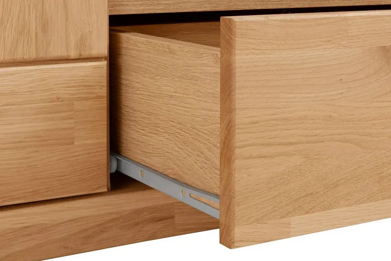 OTTO home Lowboard Ribe,160cm breit,55cm hoch,Oberplatte massiv, Korpus Holzwerkstoff,Glaseinsatz aus gehärtetem Glas,Böden versetzbar, Braun, – Produktbild 5 von 5
