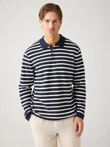 KnowledgeCotton Apparel KnowledgeCotton Apparel Gestricktes Langarm-Poloshirt mit Streifen aus Bio-Baumwolle, Beige-creme-stripe, – Produktbild 1 von 2