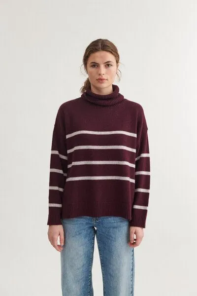 Basic Apparel Basic Apparel Gestreifter Pullover LISE mit Rundhals aus recycelter Wolle, Rot (port royal), – Produktbild 1 von 4