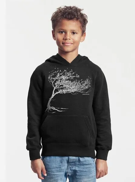 Peaces.bio - handbedruckte Biomode Peaces.bio - handbedruckte Biomode Bio-Kinder-Kapuzen-Sweatshirt "Windy Tree", Schwarz, – Produktbild 2 von 2