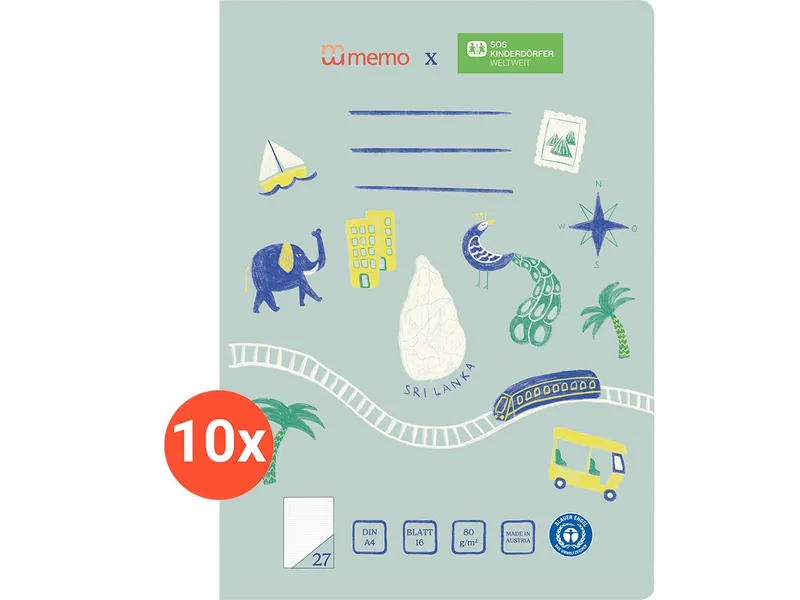 Memo 10er Pack memo x SOS-Kinderdörfer weltweit Schulheft DIN A4, 16 Blatt, Lin. 27 – Produktbild 1 von 1