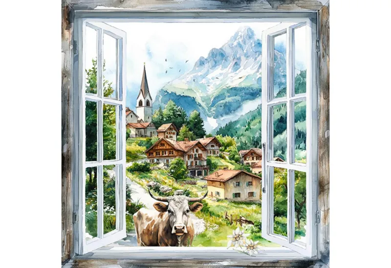 ti-flair Papierserviette, Servietten Papier 33x33cm 3-lagig mit Alpenblick & Kuh Motiv 20 Stück, Beige|blau|braun|grün, – Produktbild 1 von 2