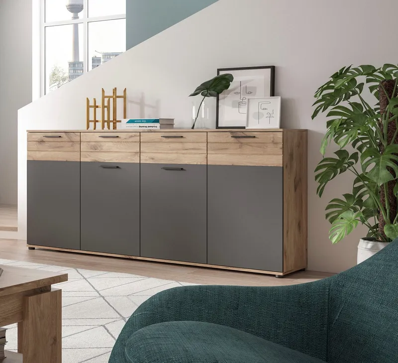Home affaire Sideboard Riga, Breite 180cm, 4 Türen, 2 Schubkästen, 6 Einlegeböden, 10 Fächer, hochwertige Rillenfräsung, mit Softclose, Kommode, Anrichte, Schrank, Grau, – Produktbild 1 von 5