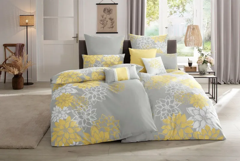 OTTO home Bettwäsche Susan in Gr. 135x200 oder 155x220 cm, Polycotton recycelt, 2 teilig, in verschiedenen Qualitäten, romantische Bettwäsche mit Blumen, Gelb|grau, – Produktbild 2 von 5
