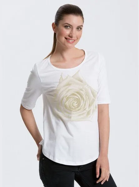 Peaces.bio - handbedruckte Biomode Peaces.bio - handbedruckte Biomode Bio-Halbarm Shirt Rose Damen, Weiß, – Produktbild 1 von 2