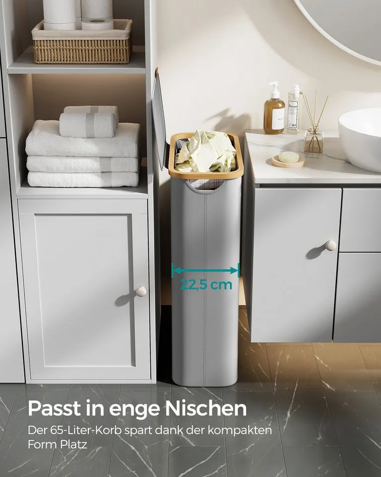 SONGMICS SONGMICS Wäschekorb mit Deckel, herausnehmbarer Einsatz, Bambus‑Rahmen, Oxford‑Gewebe, 65 L, 42 x 22,5 x 70,5 cm, mit Deckel, platzsparend, Griffe aus Bambus, Grau, – Produktbild 3 von 5