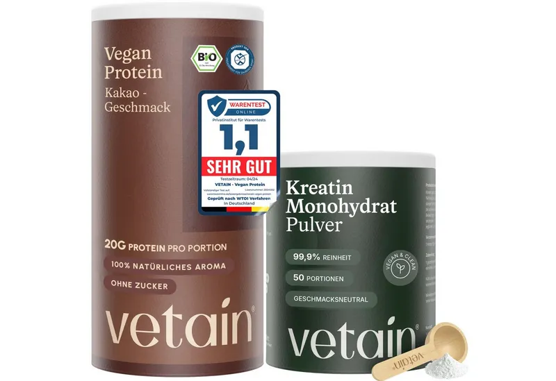 VETAIN Vegan Protein Pulver + Kreatin Monohydrat Pulver, 100% Bio, Vegan, Ohne künstliche Süßungsmittel, Fermentiert – Produktbild 2 von 6