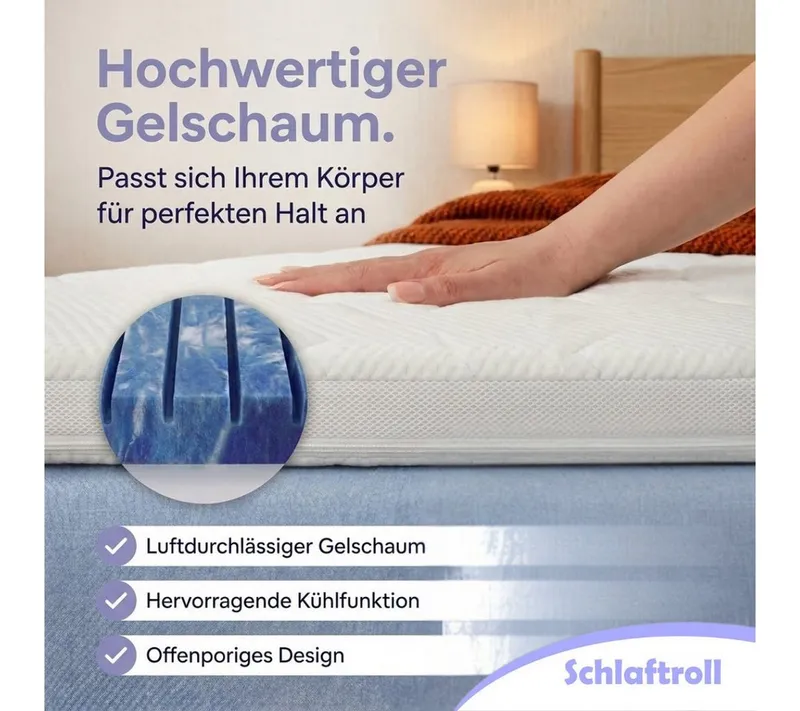 Schlaftroll, Topper 7 Zonen Gelschaum Topper – 8 cm Premiumkomfort, 90x200. 140x200 und weitere Größen – Produktbild 2 von 5