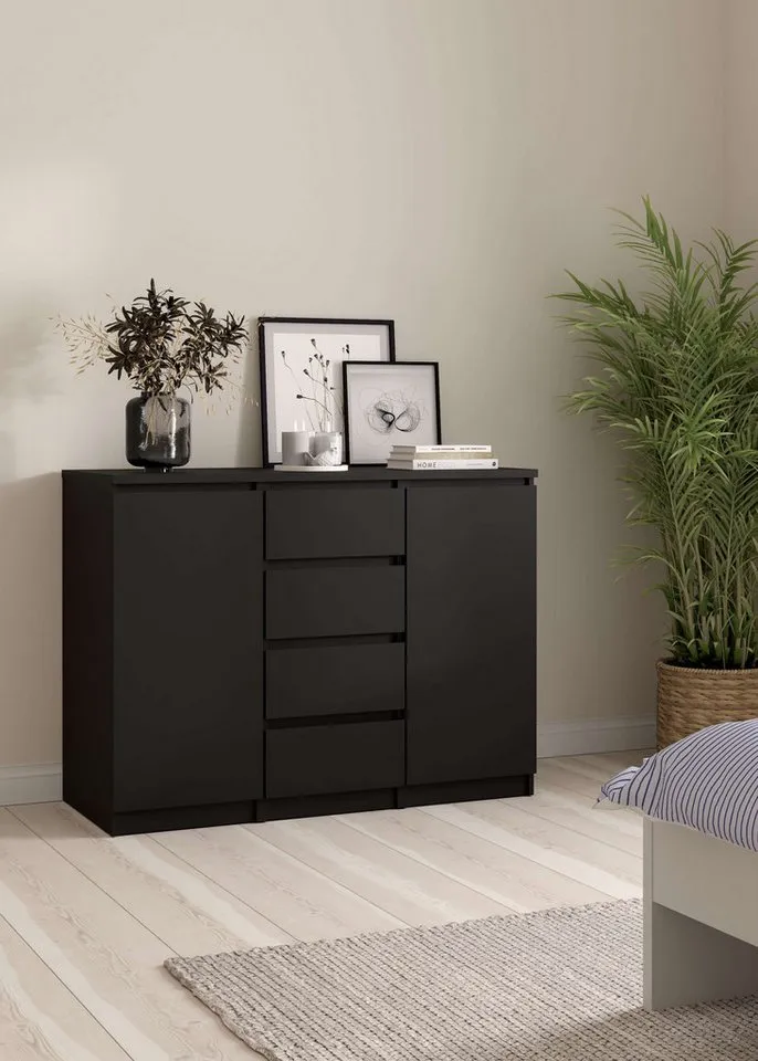 Home affaire Kommode Naia - 4 Schubladen & 2 Türen, grifflose Front, Made in Denmark (Breite: 121 cm, in mehreren Farben), Sideboard, skandinavisches & modernes Design mit viel Stauraum, Schwarz, – Produktbild 8 von 8