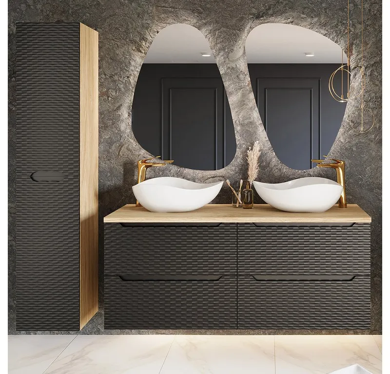Lomadox Badmöbel-Set OLUO-56-BLACK, (Spar-Set, 4-St., Hochschrank LED-Spiegel Doppelwaschtisch), mit 120cm Waschtisch, Eiche mit schwarz, 3D-Oberfläche, Schwarz, – Produktbild 1 von 5