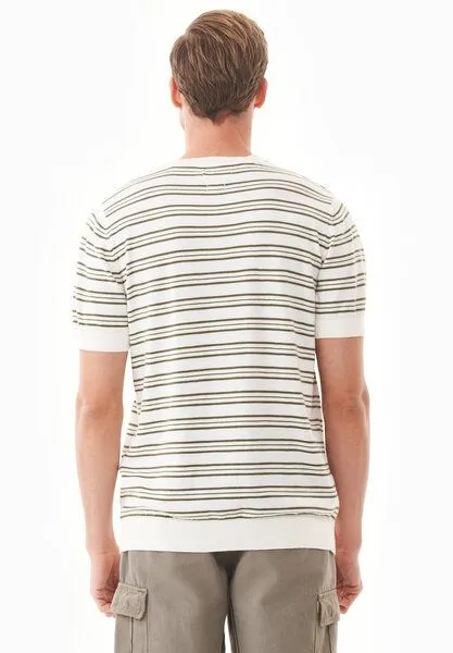 ORGANICATION ORGANICATION Feinstrick-T-Shirt aus Bio-Baumwolle mit Streifen, Off white/khaki, – Produktbild 4 von 4