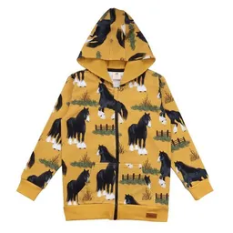 Walkiddy Kinder Kapuzenjacke Bio-Baumwolle GOTS Shire Horses Gelb von Walkiddy, weiche Sweatjacke mit Pferdeprint, durchgehendem Reißverschluss, Kapuze, Taschen, nachhaltig und alltagstauglich – Produktbild 1 von 1