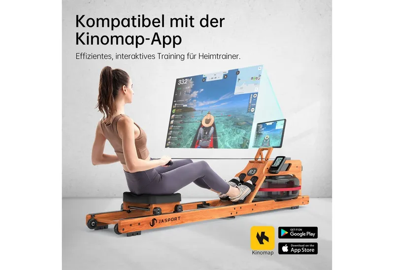 JASPORT Rudergerät R3 Wasser-Rudergerät klappbar Eichenholz LCD-Display Kinomap (Klappbares Rudergerät aus Eichenholz, Kinomap kompatibel & LCD-Trainingscomputer), 28-Liter-Wassertank, für Nutzer bis 205 cm, belastbar bis 150 kg, Kirschholzfarbe, – Produktbild 4 von 5