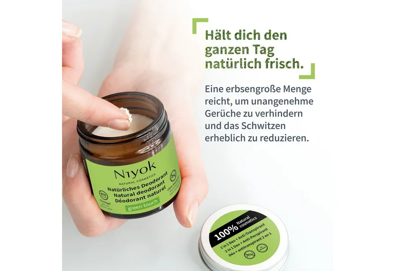 Niyok Niyok Deo-Creme 2-in-1 anti-transpirant, Schutz vor Geruch & Schweiß, ohne Alluminium, Green Touch, Deodorant Creme Unisex, Feste Deo Creme – Produktbild 4 von 5