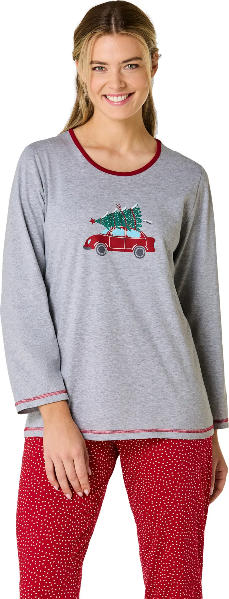 Comtessa Schlafanzugshirt grau-meliert-rot, Grau-meliert-rot, – Produktbild 2 von 2