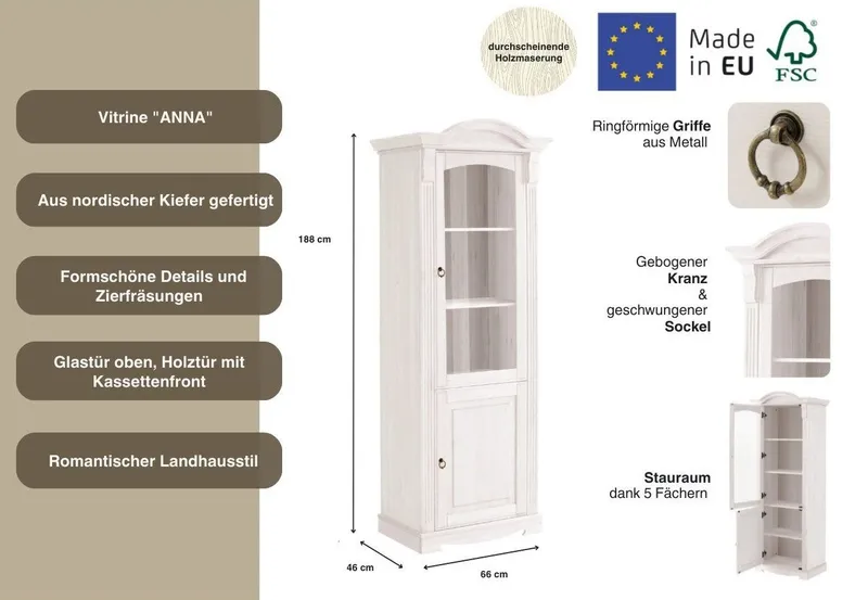 OTTO home Vitrine Anna, Standvitrine, Vitrinenschrank, Glasvitrine (Gesamtmaße (B/T/H): ca. 66/46/188 cm) mit Glastür, Höhe 188 cm, Massivholz, mit Zierfräsungen, FSC®, Weiß, – Produktbild 4 von 5