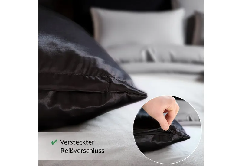 Cozyor Bettwäsche Satin glänzend 135x200, 155x200, 155x220, 200x200cm mit Reißverschluss, Satin, schwarz Eclipse, 2 teilig, Edel und hochwertig, Schwarz, – Produktbild 3 von 5