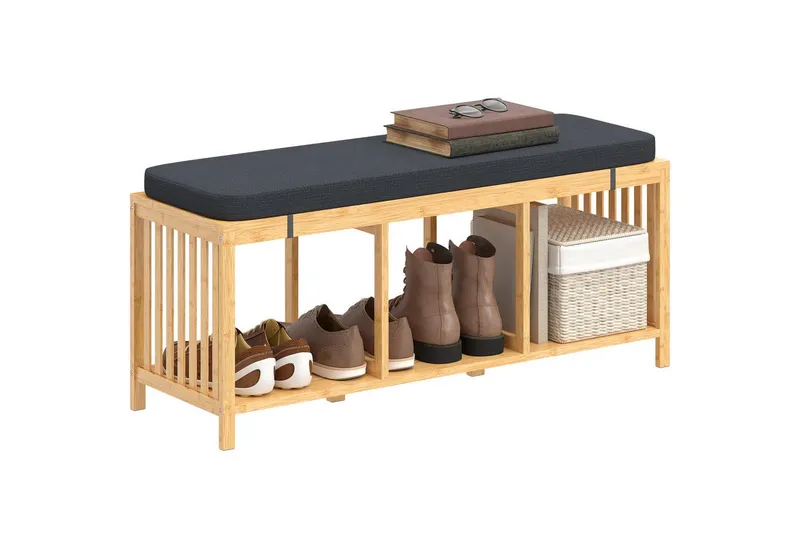 HOMCOM HOMCOM Schuhbank Schuhregal mit Stauraum, Sitzbank aus Bambus mit offener Ablage (Flurbank, 1-St., inkl. Sitzkissen), Schuhbank mit Sitzkissen und Stauraum, Beige, – Produktbild 2 von 5