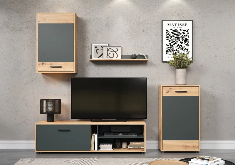 OTTO home Wohnwand Valetta inkl. TV-Kommode, Hänge-Vitrine, Sideboard und Wandregal, (Komplett-Set, 4-St., 4), inkl. Lowboard, Hängeschrank, Wandboard und Highboard, Braun, – Produktbild 2 von 5