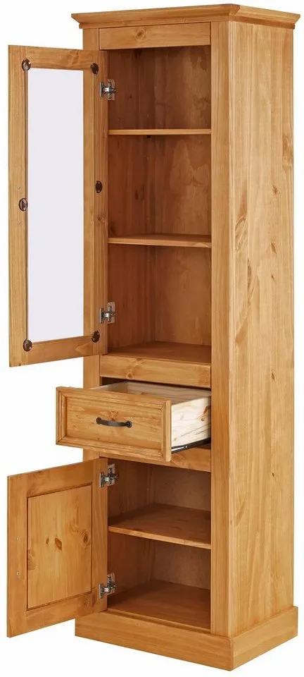 OTTO home Vitrine Selma Hochschrank, 2 Türen, eine davon mit Glaseinsatz und 1 Schublade massives Kiefernholz mit natürlicher Maserung, Metallgriffe 180cm hoch, Beige, – Produktbild 5 von 5