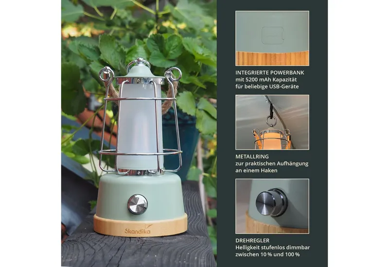 Skandika LED Gartenleuchte Campinglampe Kiruna aufladbar mit Powerbank 5000 mAh, USB, Retro Outdoor Lampe, stufenlos dimmbar, kabellos, 75h Leuchtzeit, Akku, Grün, – Produktbild 4 von 5
