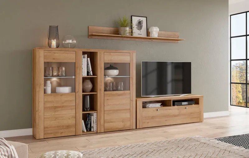 OTTO home Wohnwand Larona, Wohnwand, Set 3 teilig, (3-St), Wohnzimmer Set bestehend aus 1 TV-Board, 1 Highboard,1 Wandregal, Beige, – Produktbild 3 von 5