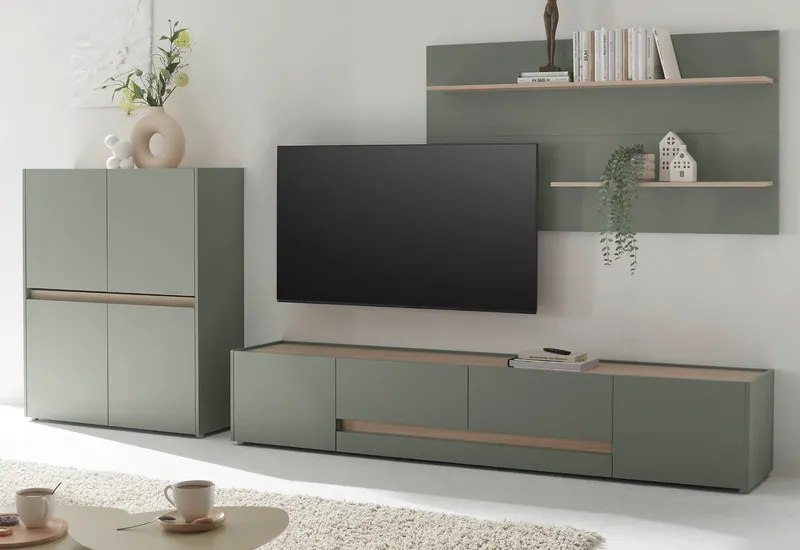 Furn.Design Wohnwand Center, (3-teiliges Set in Salbei mit Eiche Dekor, ca. 340 cm), mit 10 Fächern und 220 cm TV Lowboard, Grün, – Produktbild 2 von 5