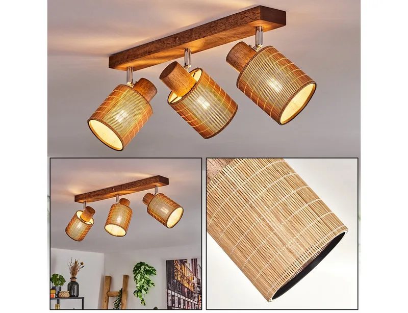 hofstein Deckenleuchte Deckenlampe aus Holz/Metall/Bambus in Dunkelbraun/Chromfarben/Natur, ohne Leuchtmittel, mit verstellbaren Strahlern, 3 x E14, ohne Leuchtmittel, Beige, – Produktbild 1 von 5