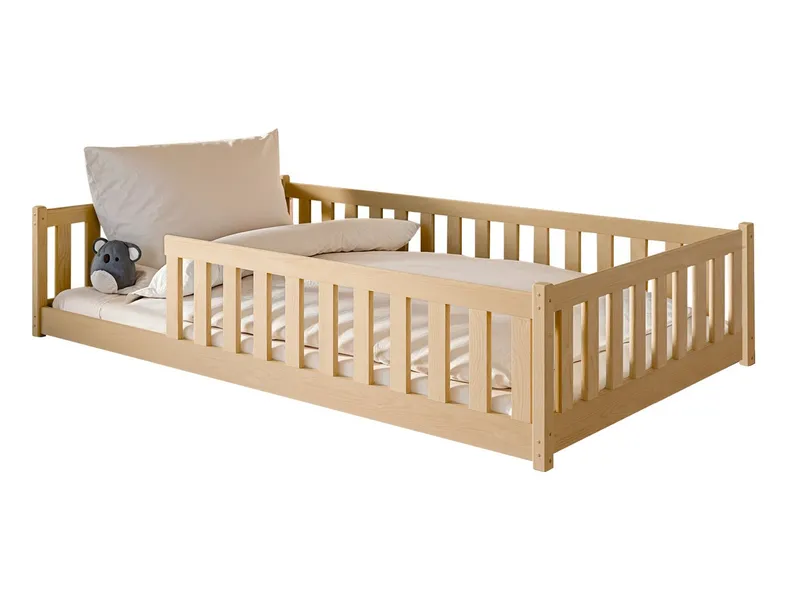 Kids Collective Kinderbett Bodenbett Bett mit Rausfallschutz & Lattenrost Montessori Bett Kinder (Jungen, Mädchen, Kinder, weitere Größen 80x160, 80x180, 90x190, 90x200, 140x200 cm), Jugendbett Gitterbett Einzelbett, Natur Kiefer 120x200 cm, Beige, – Produktbild 1 von 5