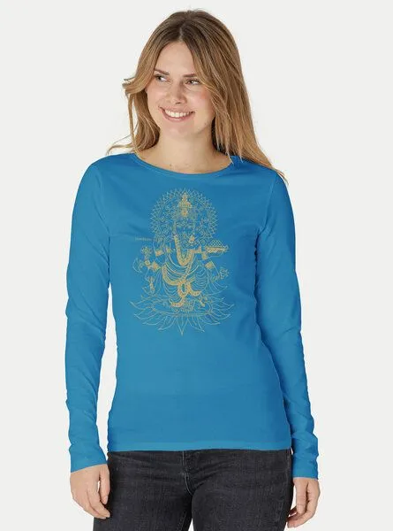 Peaces.bio - handbedruckte Biomode Peaces.bio - handbedruckte Biomode Bio-Damen-Langarmshirt Ganesha, Türkis, – Produktbild 1 von 2